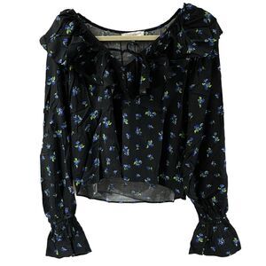 We Wore What Blouse Women M Ruffle Black Blue Floral Ditzy Cropped 90s Y2K
